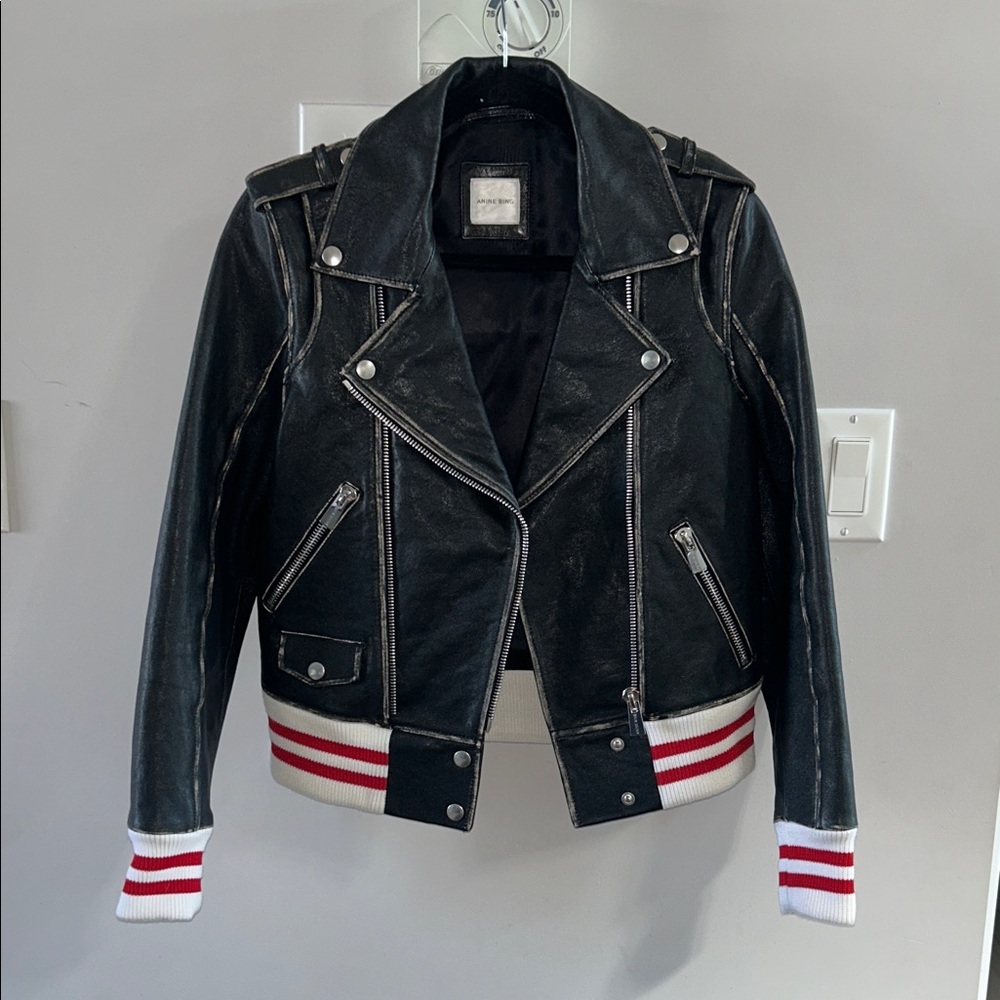 Anine Bing Quinlan Moto Biked Jacket with Varsity Cuffs and Hem - Picture 2 of 12